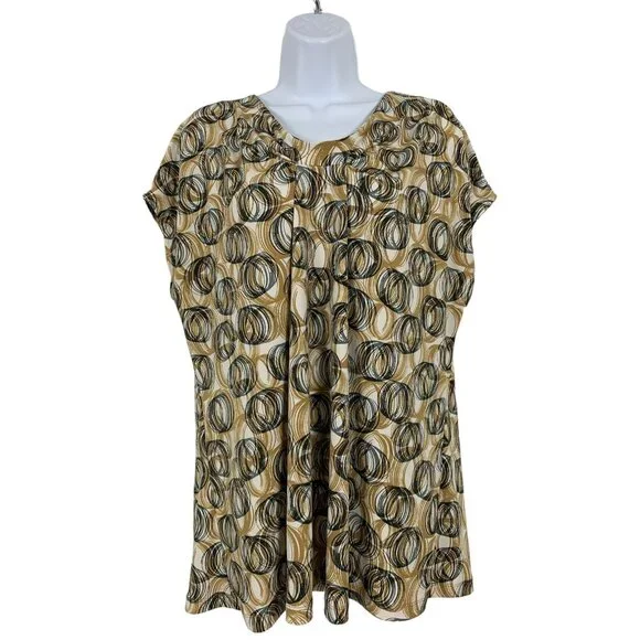 New York & Company Womens Stretch Top Beige & Black Circles Pattern Short Sleeve - Picture 1 of 10
